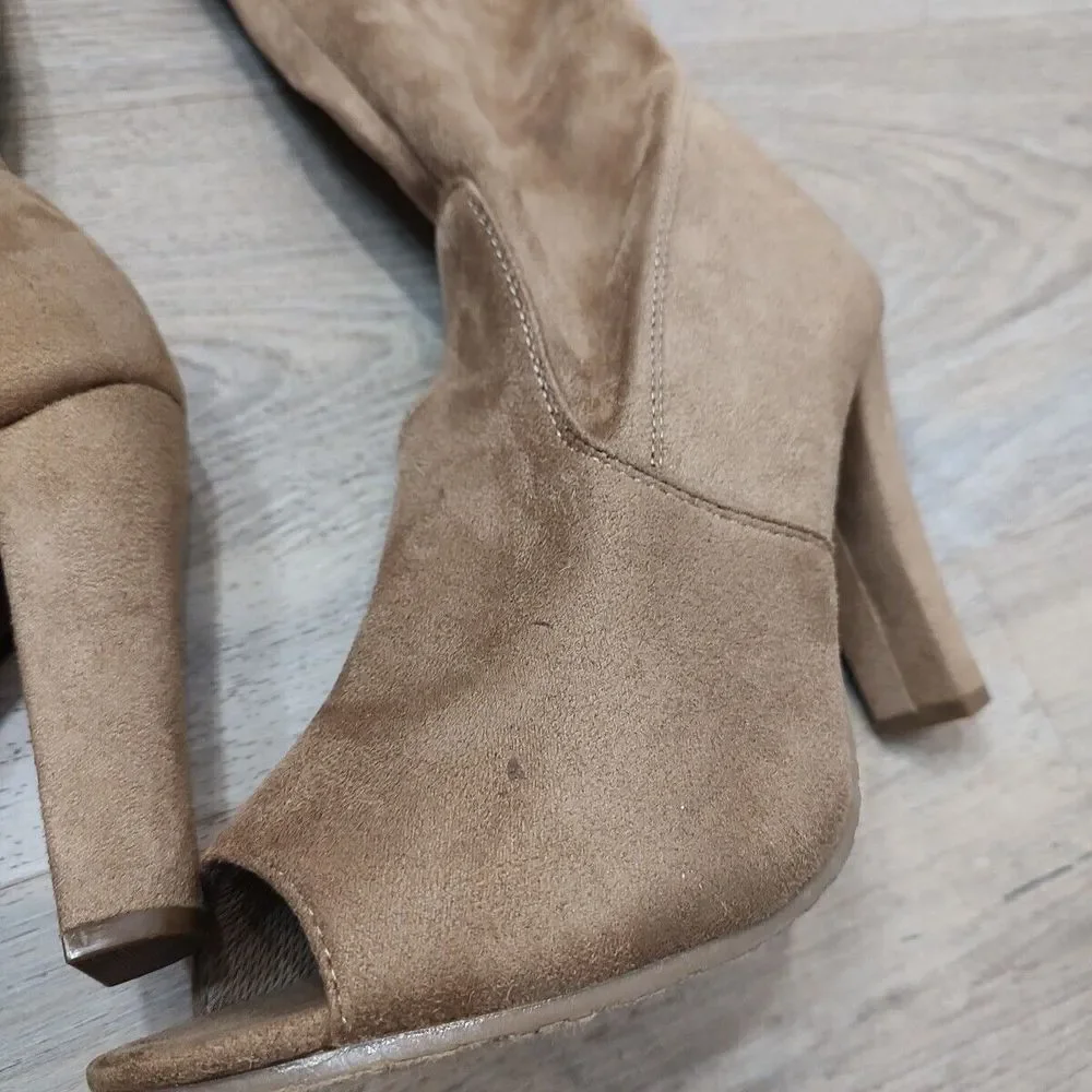 Forever Thigh High Boots Women 9 Brown Suede‎ Open Peekaboo Toe Over The Knee